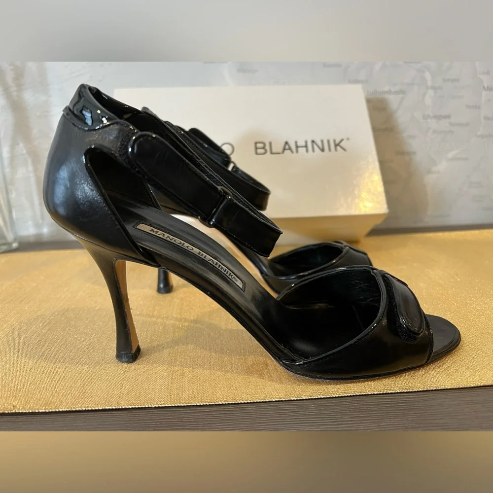 MANOLO BLAHNIK Roon Open-Toe Ankle-Wrap Sandals Black Leather High Heel 39 XE - Picture 2 of 5